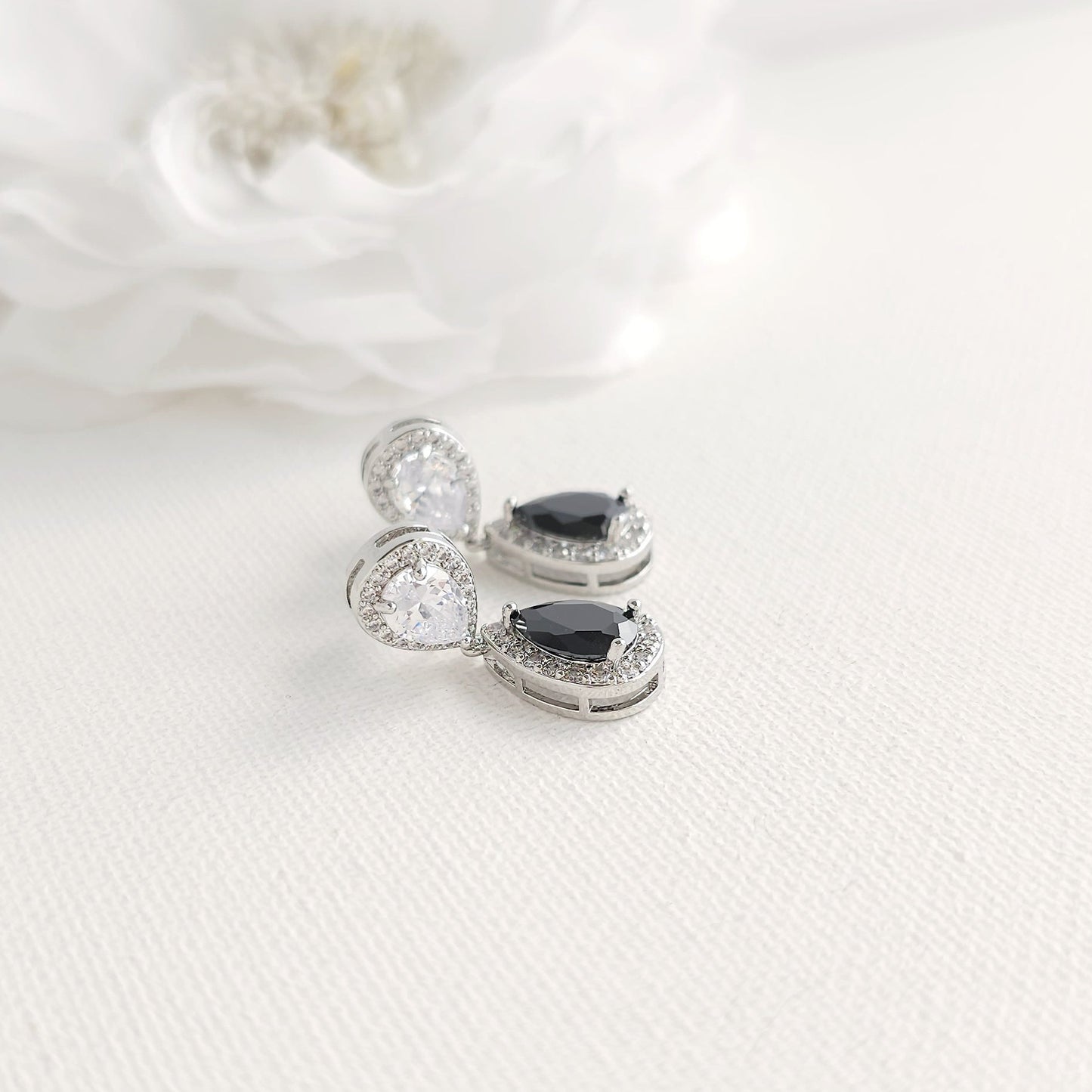 Black & Clear Cubic Zirconia Drop Earrings: Elegant Contrast, Two-Tone Design- Zoe