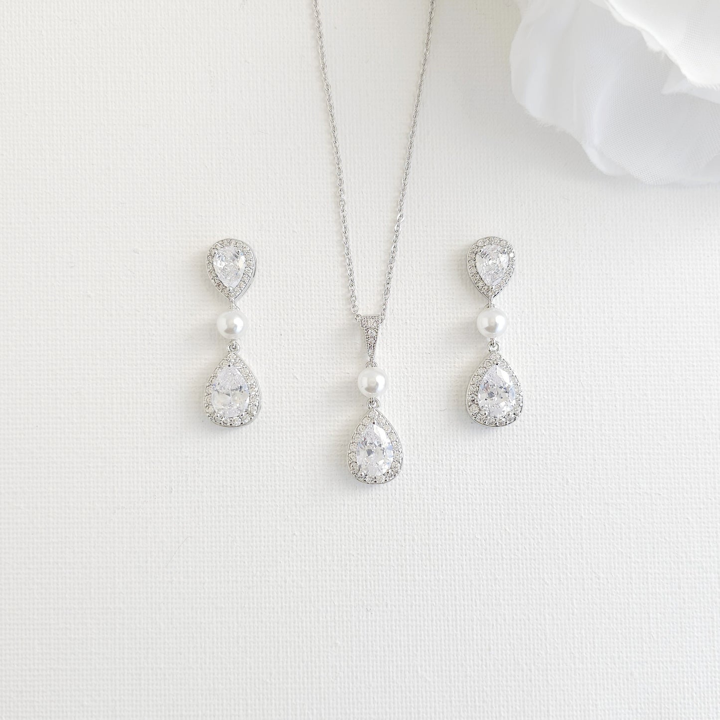 Classic Teardrop Pearl & Crystal Jewelry Set: Silver Necklace, Earrings & Bracelet- Emma