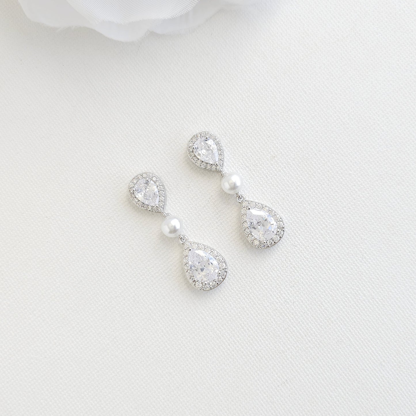 Teardrop Bridal Earrings: Rhodium-Plated Pearl & Cubic Zirconia -Emma
