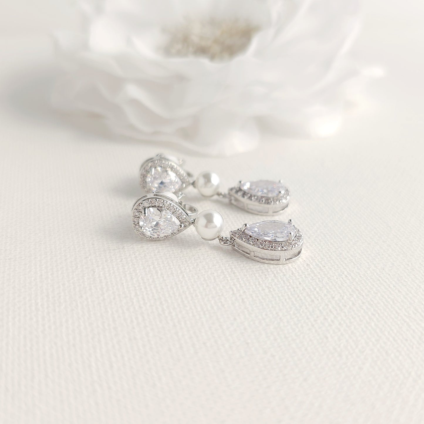 Silver Clip-On Earrings with CZ Teardrops and Ivory Pearls- Emma