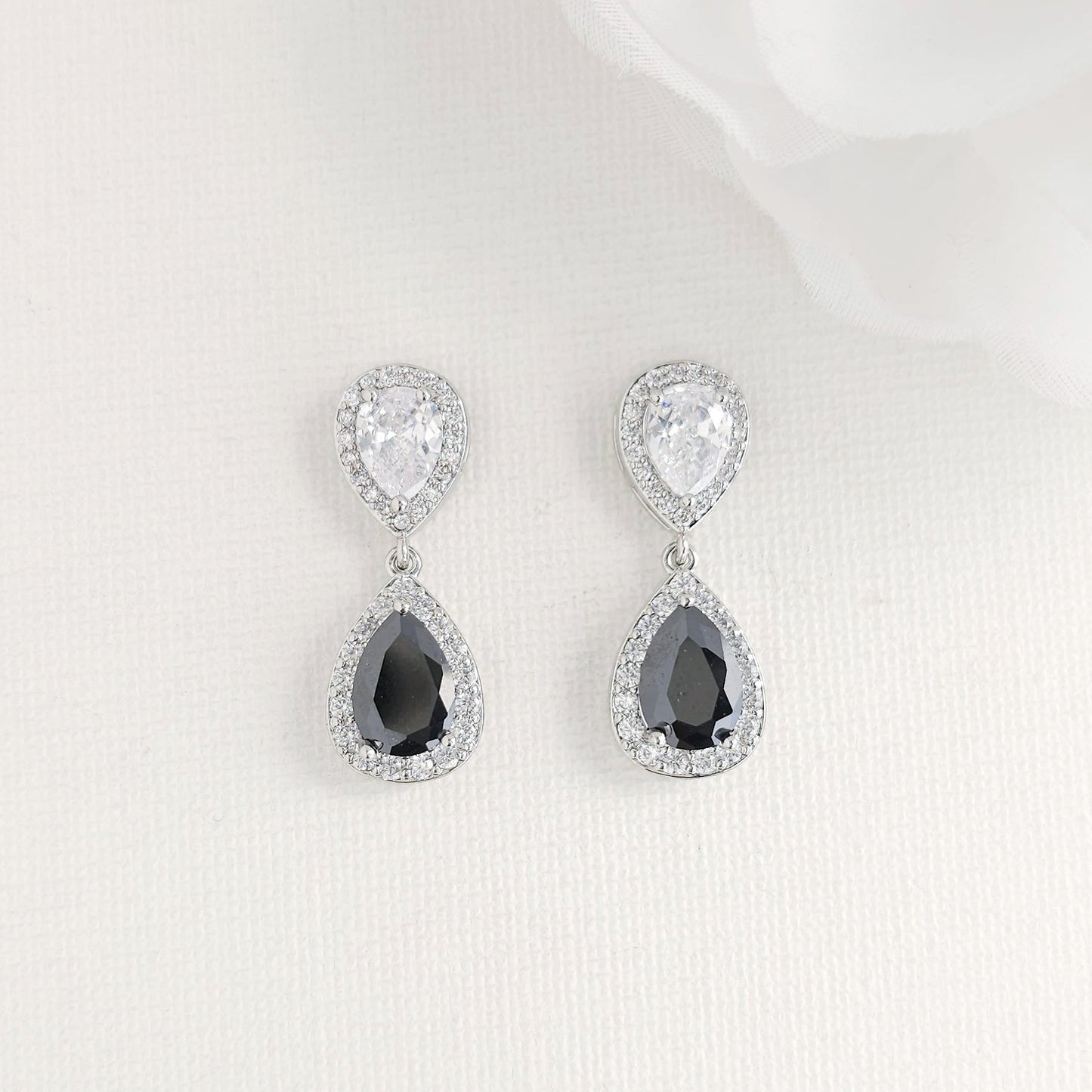 Black & Clear Cubic Zirconia Drop Earrings: Elegant Contrast, Two-Tone Design- Zoe