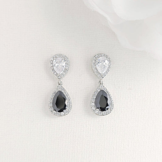 Black & Clear Cubic Zirconia Drop Earrings: Elegant Contrast, Two-Tone Design- Zoe