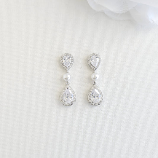Teardrop Bridal Earrings: Rhodium-Plated Pearl & Cubic Zirconia -Emma