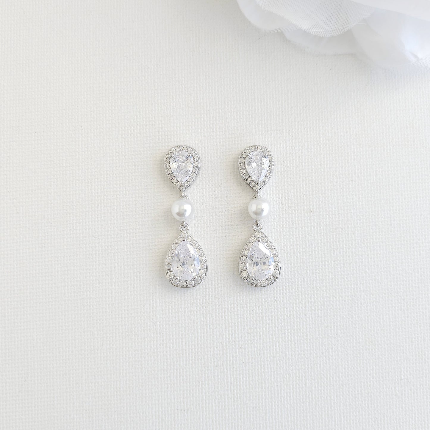 Rose Gold Bridal Teardrop Earrings with Pearl & Cubic Zirconia - Emma