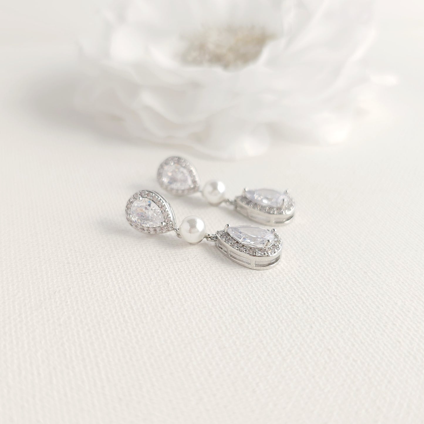 Teardrop Bridal Earrings: Rhodium-Plated Pearl & Cubic Zirconia -Emma