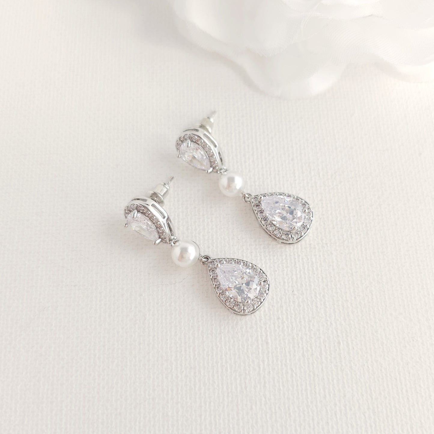 Rose Gold Bridal Teardrop Earrings with Pearl & Cubic Zirconia - Emma