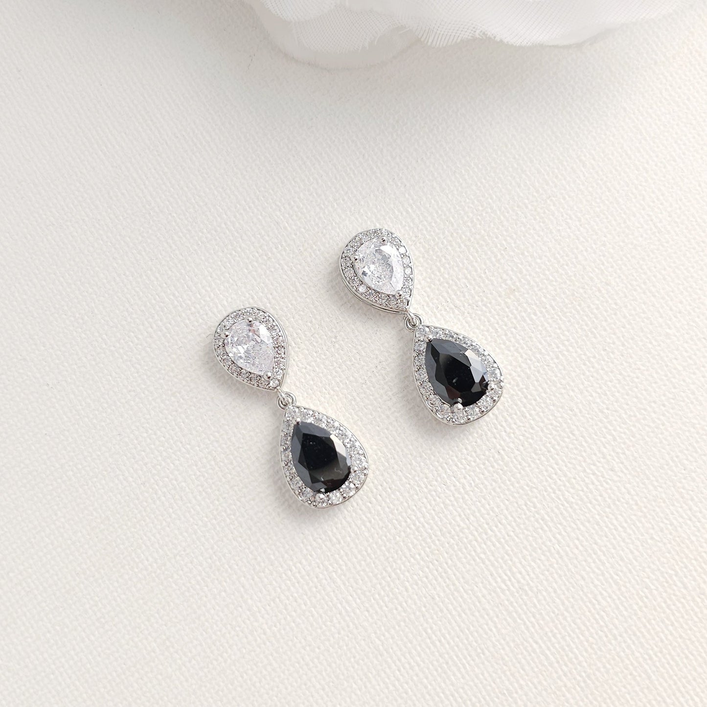 Black & Clear Cubic Zirconia Drop Earrings: Elegant Contrast, Two-Tone Design- Zoe