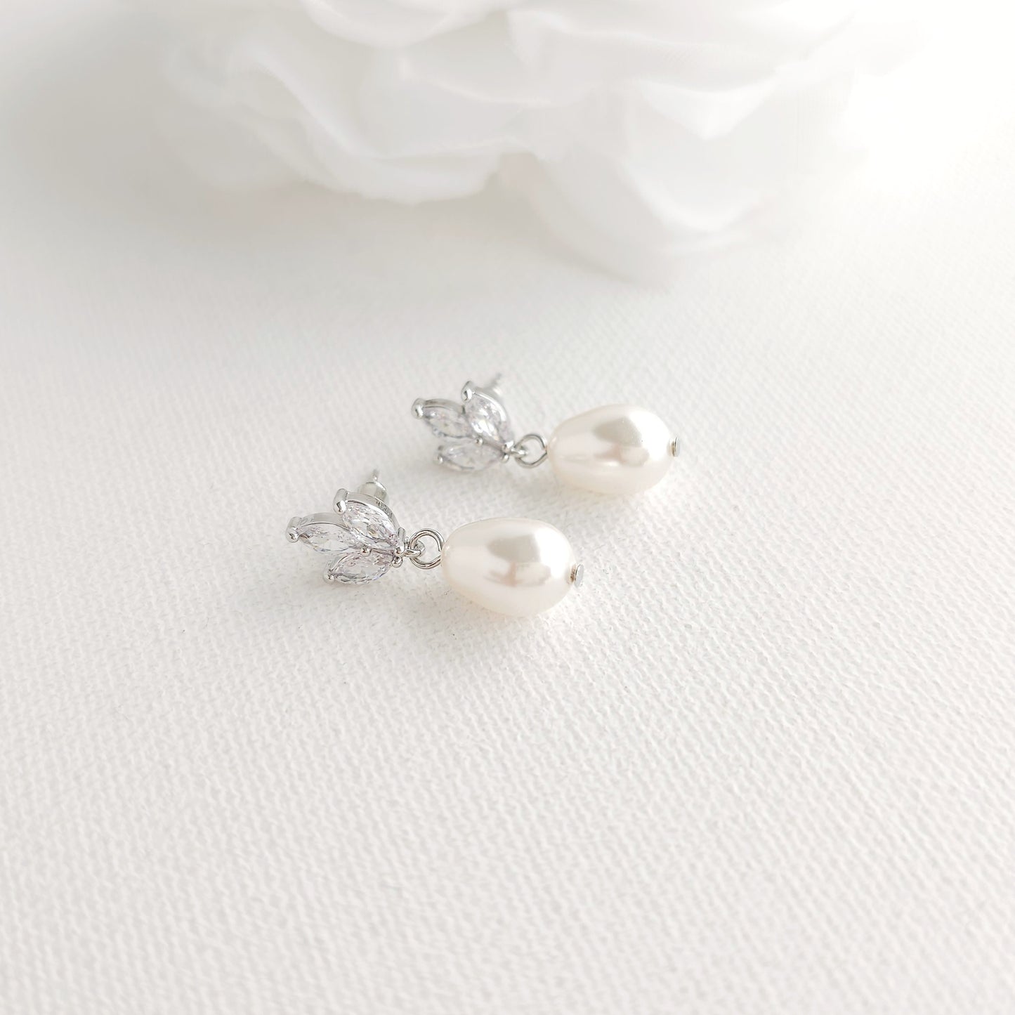 Dainty Teardrop Pearl Earrings with Delicate Leaf-Top for Brides (Silver CZ)- Vera