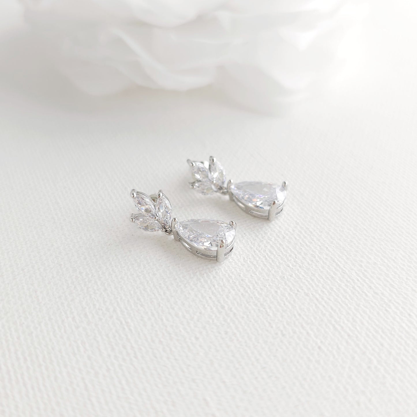 Small Bridal Dangle Drop Earrings with Delicate Leaf Ear-Top and Classic Teardrop for Brides (Silver CZ)– Vera