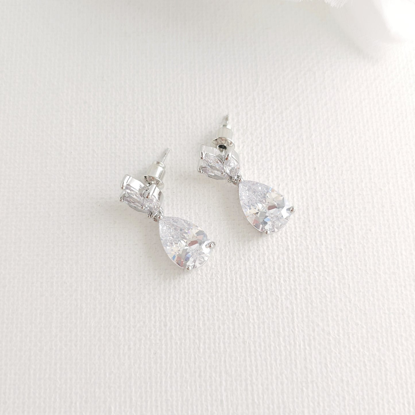 Small Bridal Dangle Drop Earrings with Delicate Leaf Ear-Top and Classic Teardrop for Brides (Silver CZ)– Vera