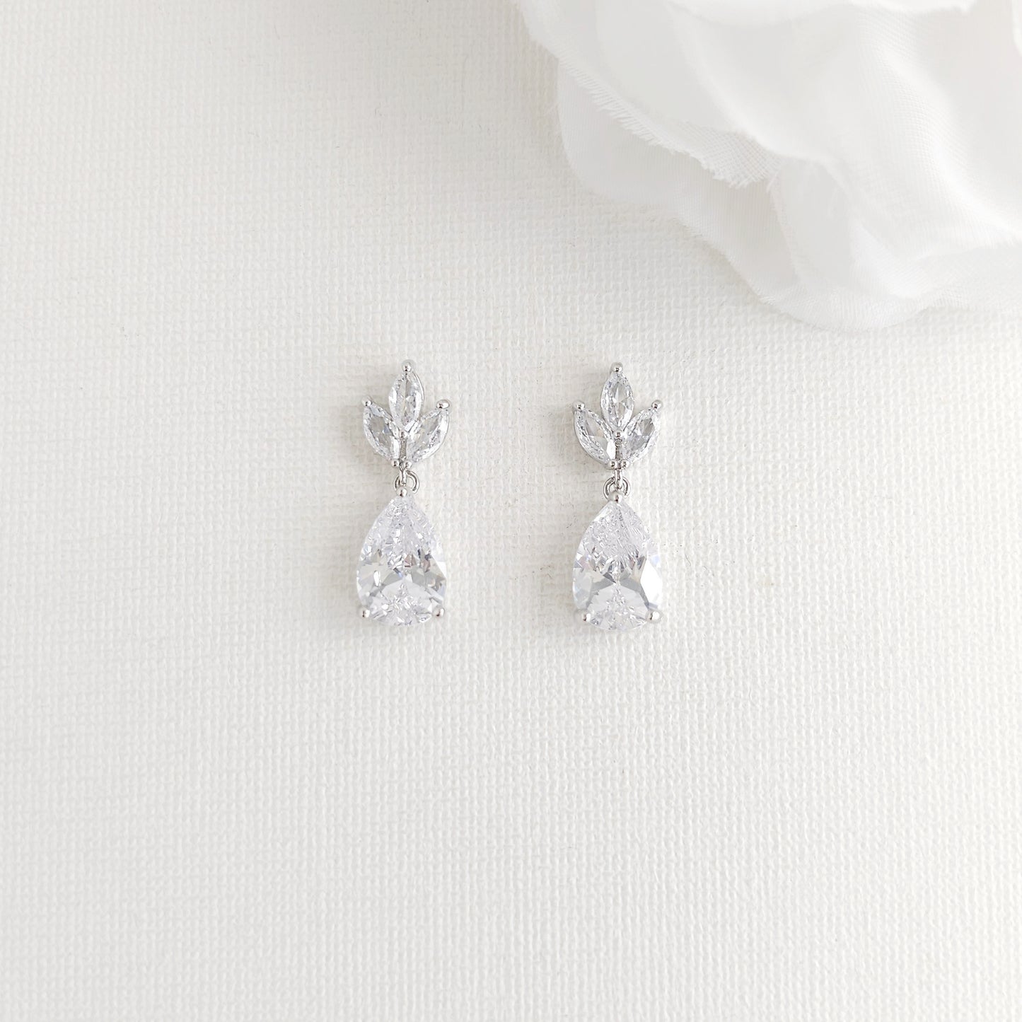 Small Bridal Dangle Drop Earrings with Delicate Leaf Ear-Top and Classic Teardrop for Brides (Silver CZ)– Vera