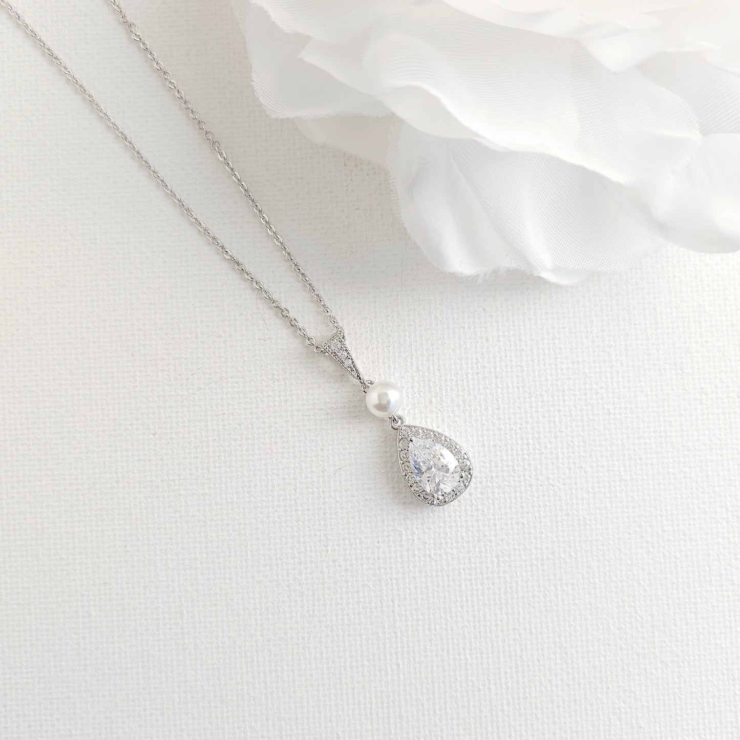 Classic Teardrop Pearl & Crystal Jewelry Set: Silver Necklace, Earrings & Bracelet- Emma