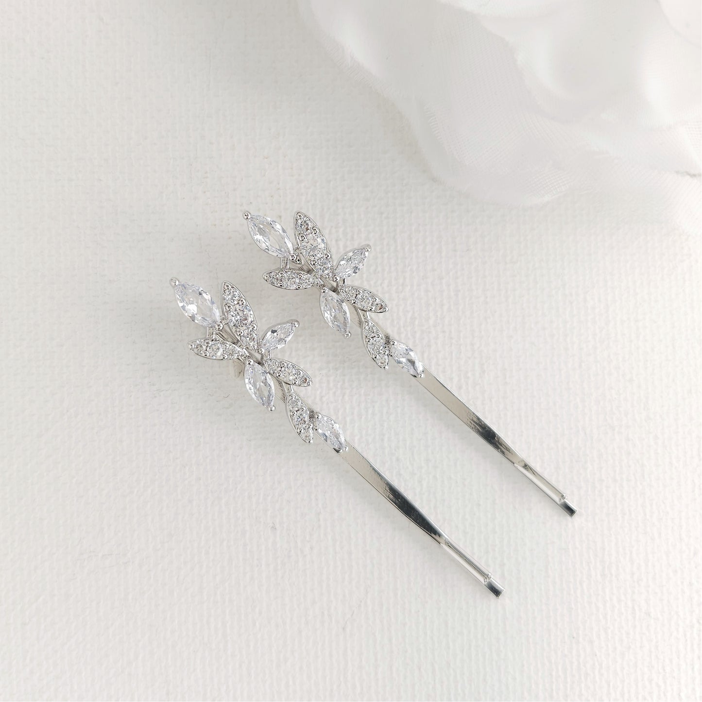 Rose Gold Leaf Bridal Hair Pin Set | Marquise CZ Slide for Bridesmaids & Flower Girls - Thea