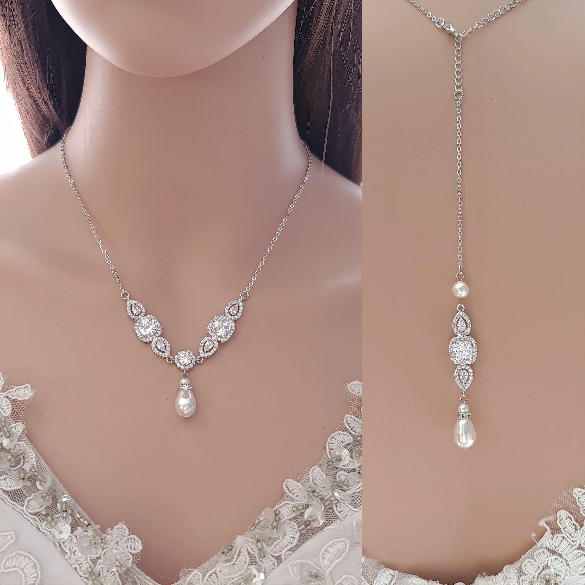 pearl backdrop necklace, pearl bridal jewelry for backless or low back dress