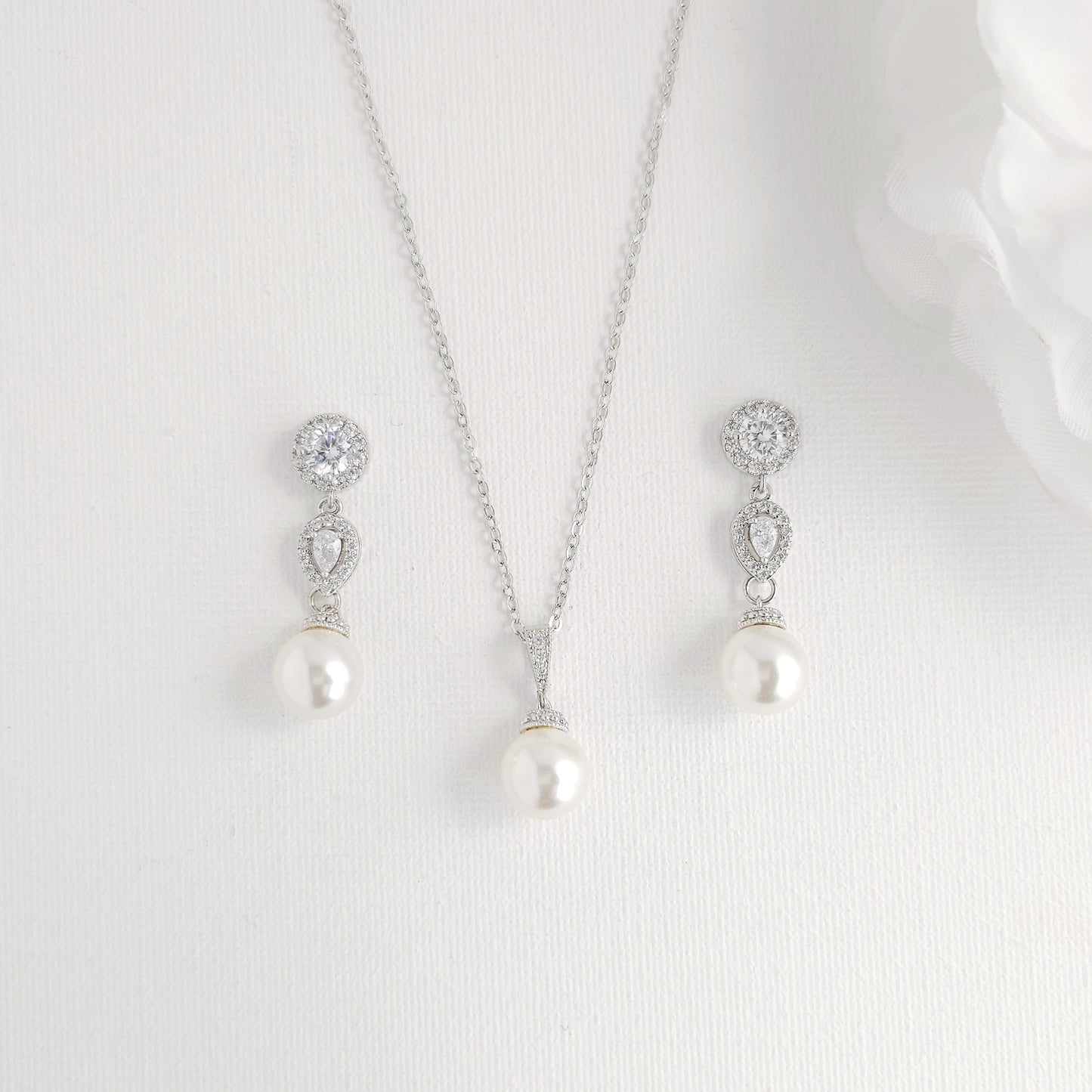 Rich Gold Pearl Jewelry Set: Classic CZ Necklace and Drop Earrings - Gwen