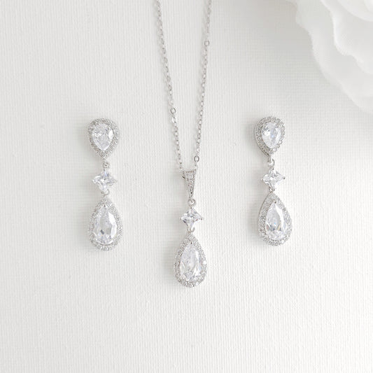 Rhodium Plated CZ Teardrop Necklace & Earrings Set for Brides & Bridesmaids-Lena