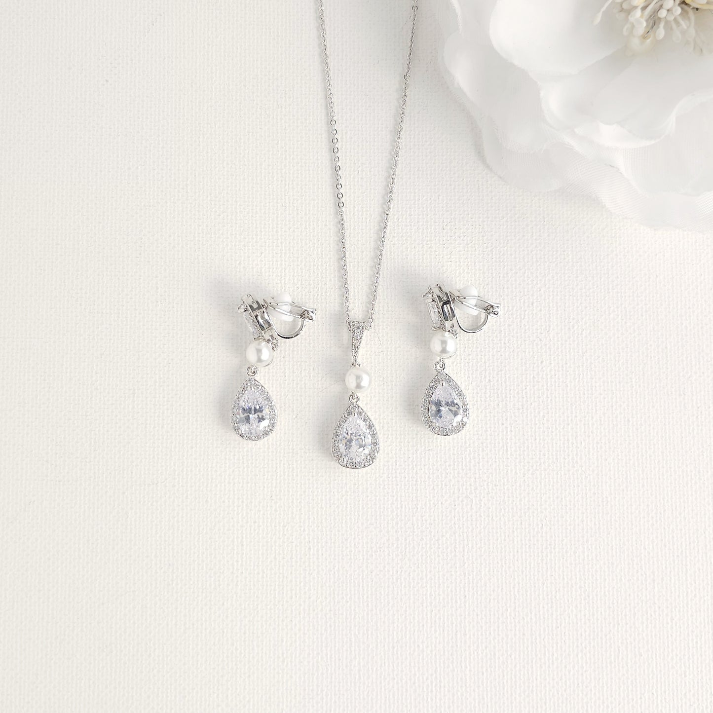 Silver 3-Piece Bridal Jewelry Set- Necklace, Bracelet & Clip-On Earrings- Emma