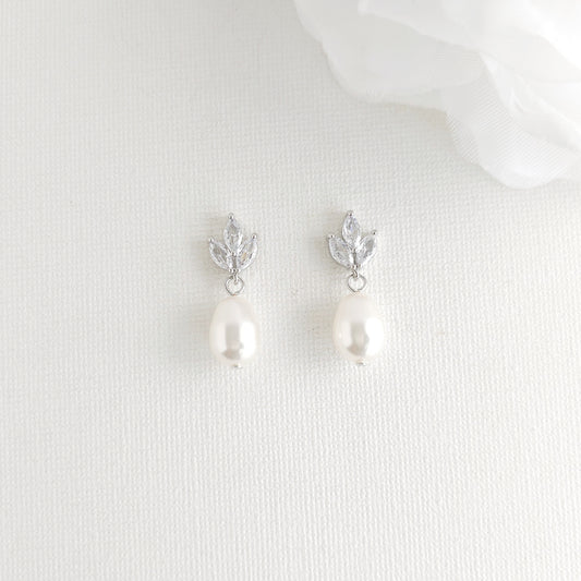 Dainty Teardrop Pearl Earrings with Delicate Leaf-Top for Brides (Silver CZ)- Vera