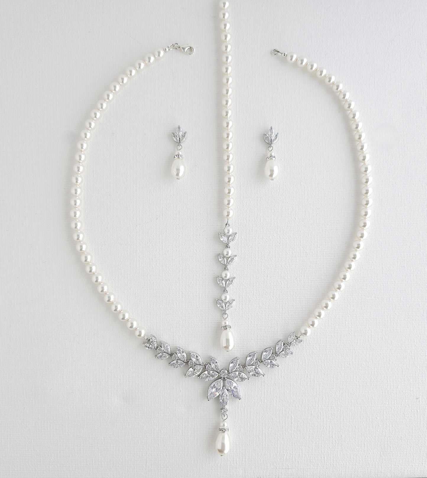 Pearl Bridal Jewelry Set in Ivory White Pearl Color with Necklace, Backdrop & Earrings-Katie