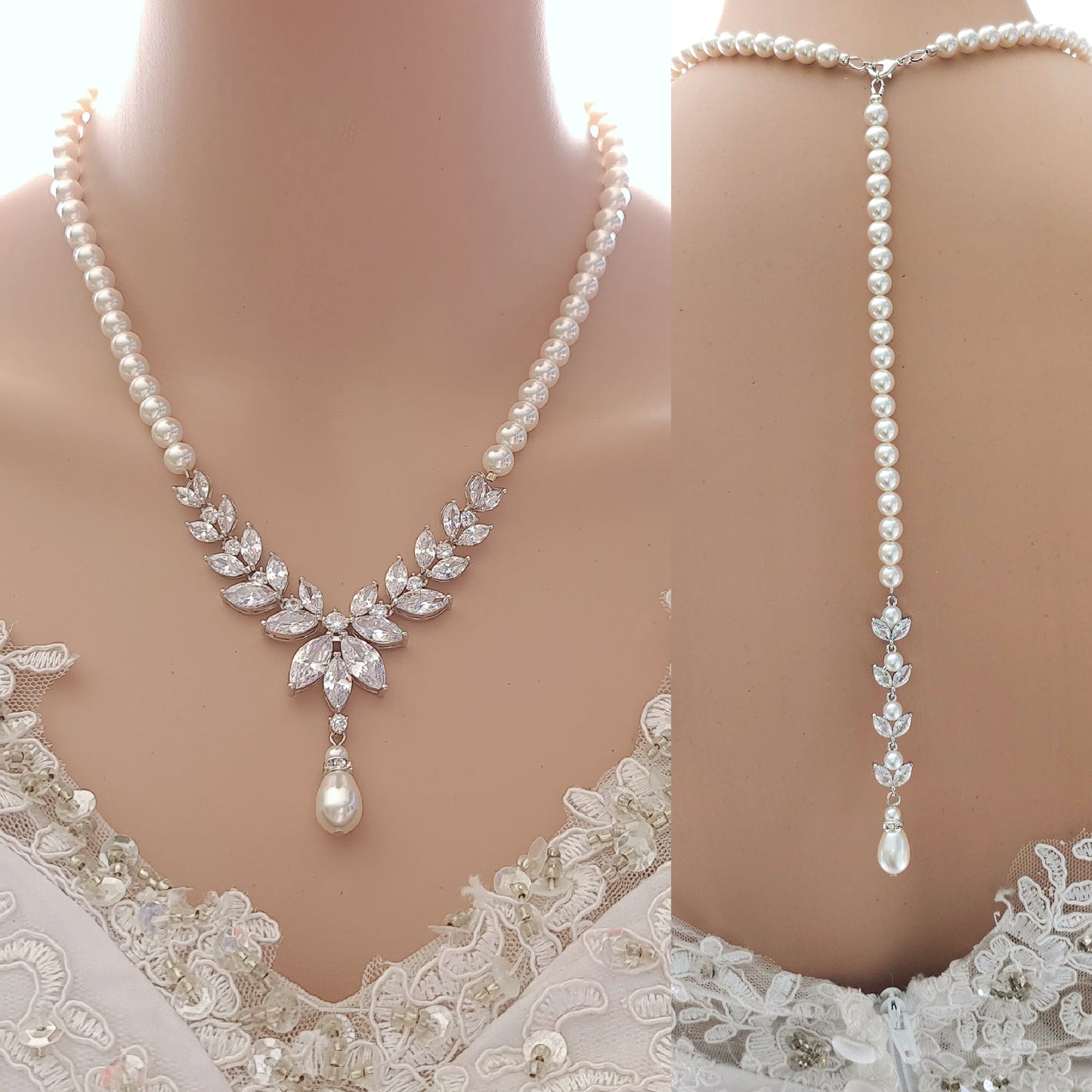 Pearl Strand & Crystal Gold Necklace for Wedding with Backdrop-Katie