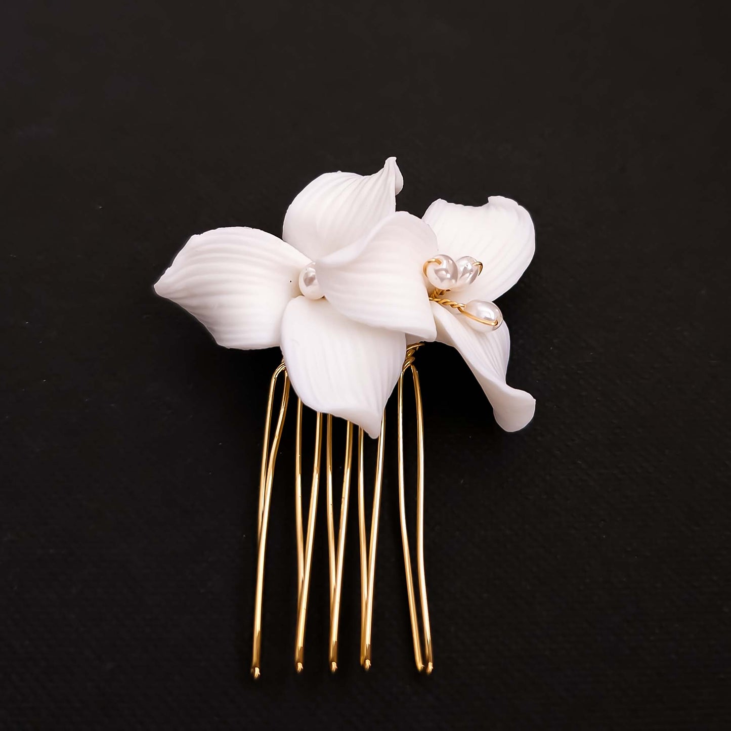 Small Gold Hair Comb with White Flowers and Pearls for Weddings- Alana