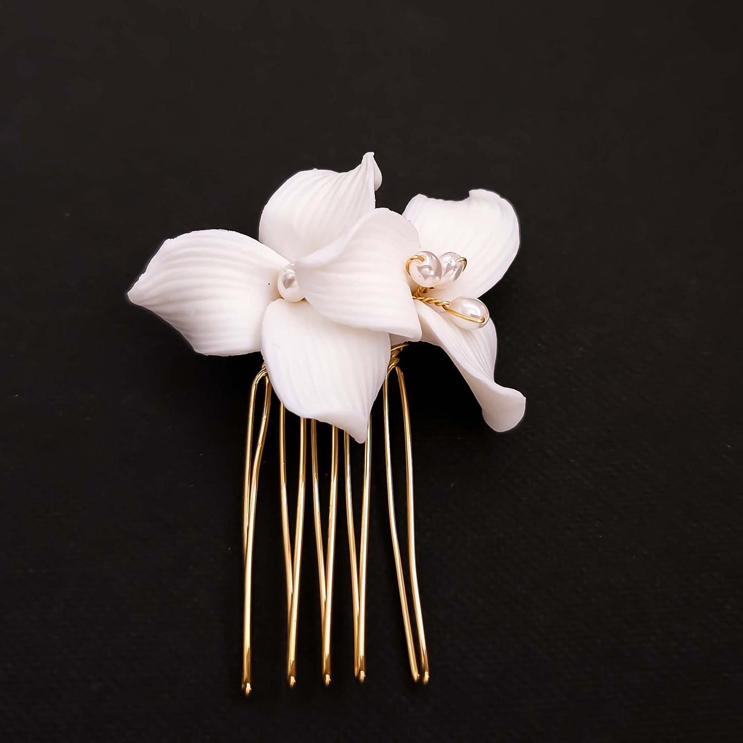 Small Gold Hair Comb with White Flowers and Pearls for Weddings- Alana