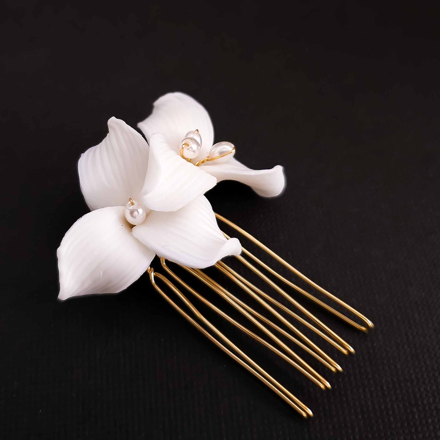 Small Gold Hair Comb with White Flowers and Pearls for Weddings- Alana