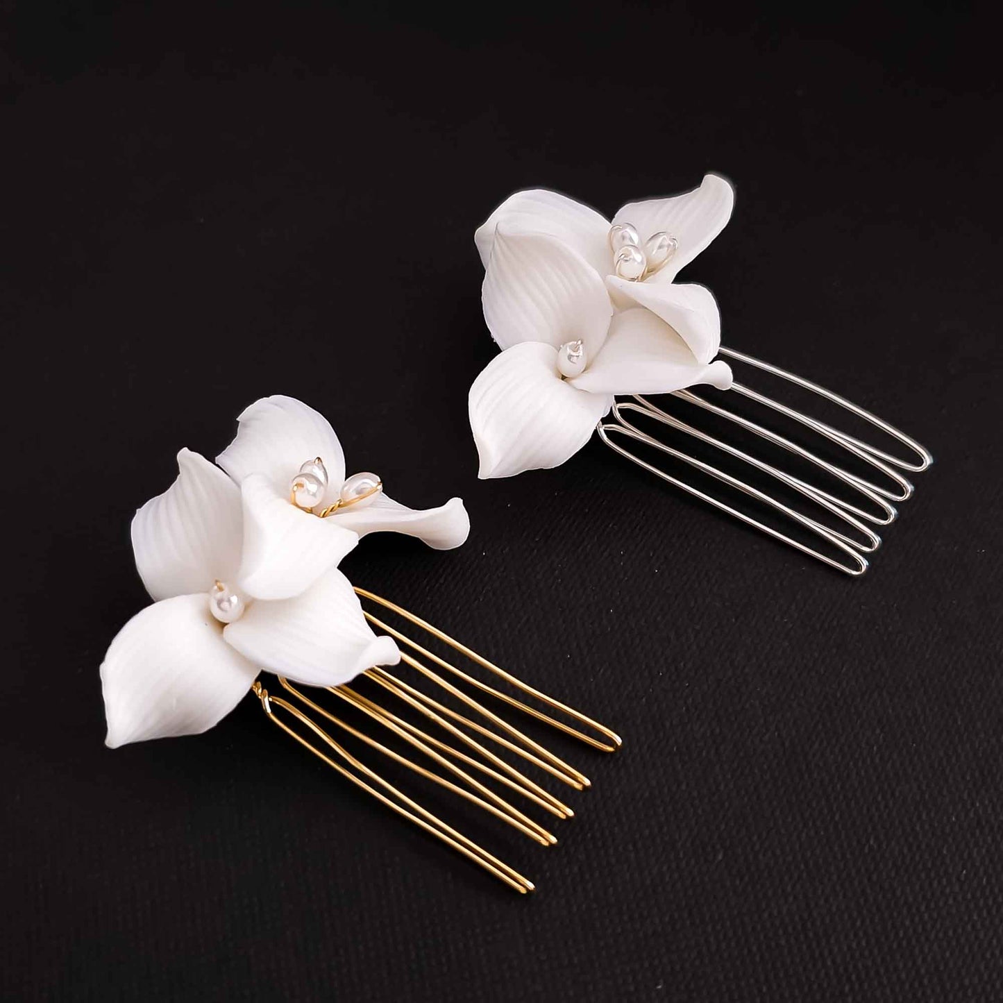 Small Gold Hair Comb with White Flowers and Pearls for Weddings- Alana