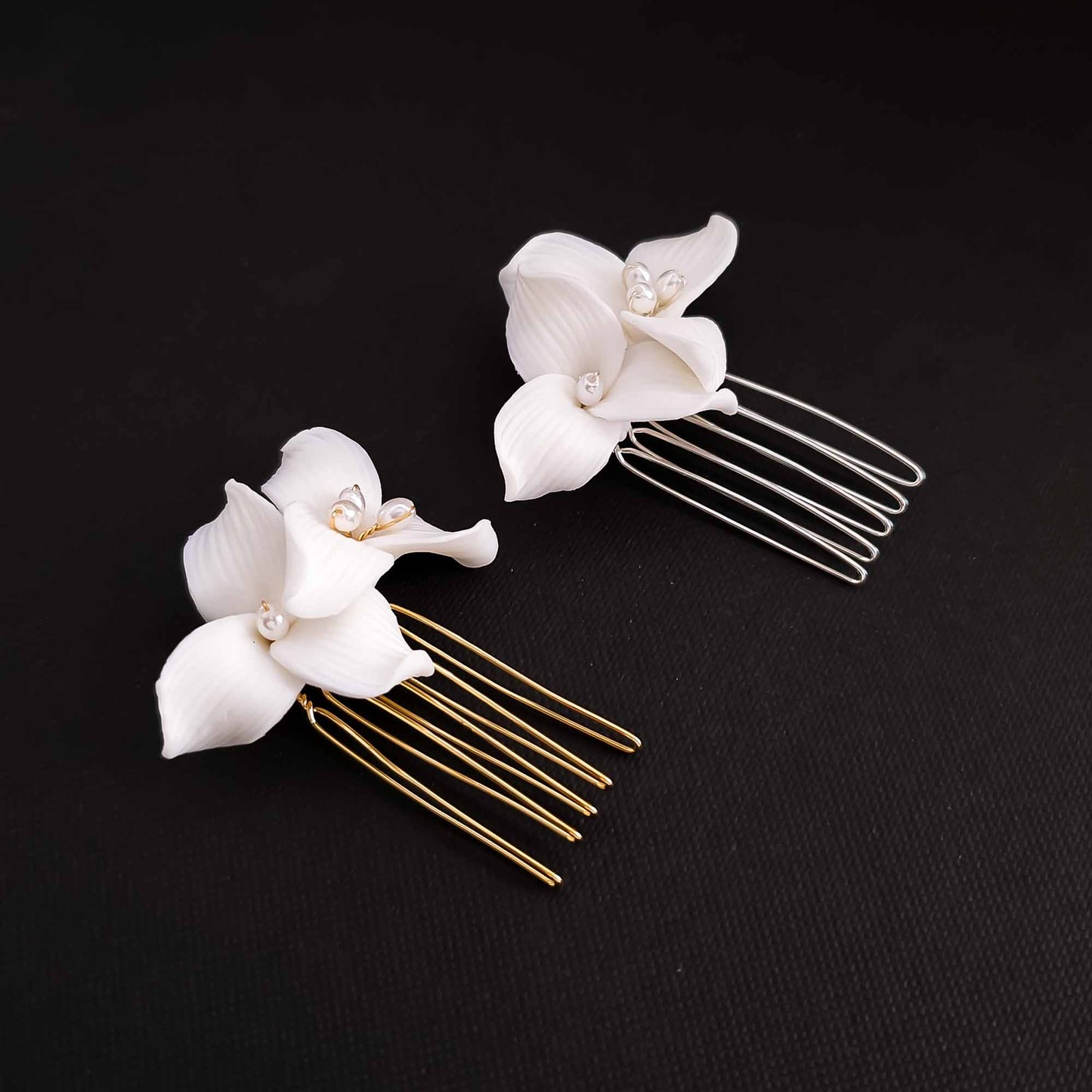 Small Gold Hair Comb with White Flowers and Pearls for Weddings- Alana
