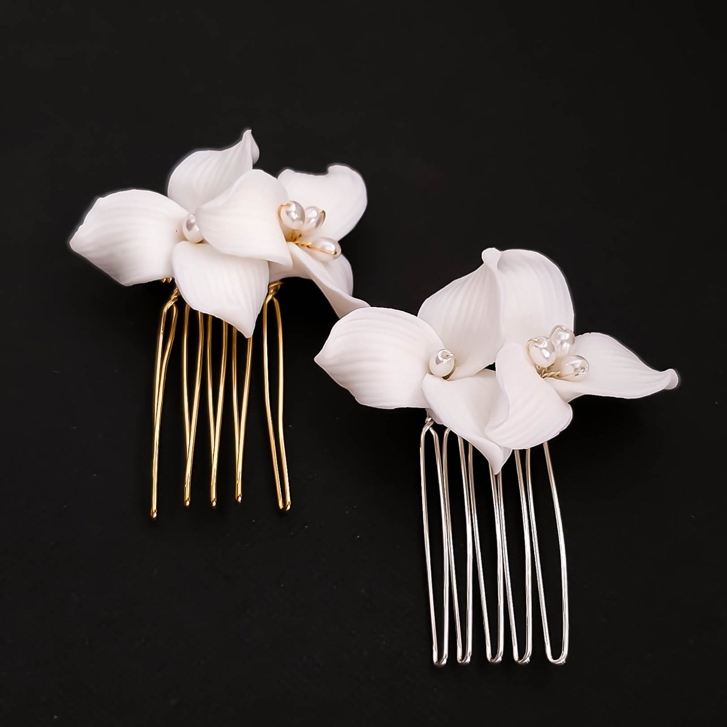 Small Gold Hair Comb with White Flowers and Pearls for Weddings- Alana