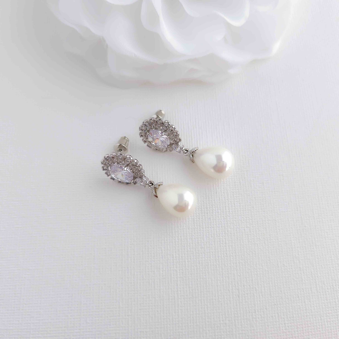 Earrings With White Teardrop Pearls for Brides-Sophie