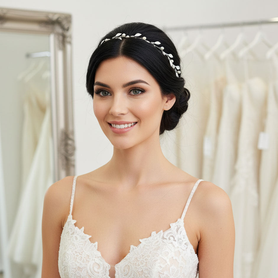 Leaf Headband with Pearls for Weddings-Sweet Peas