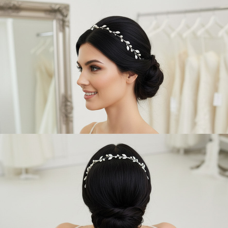 Leaf Headband with Pearls for Weddings-Sweet Peas