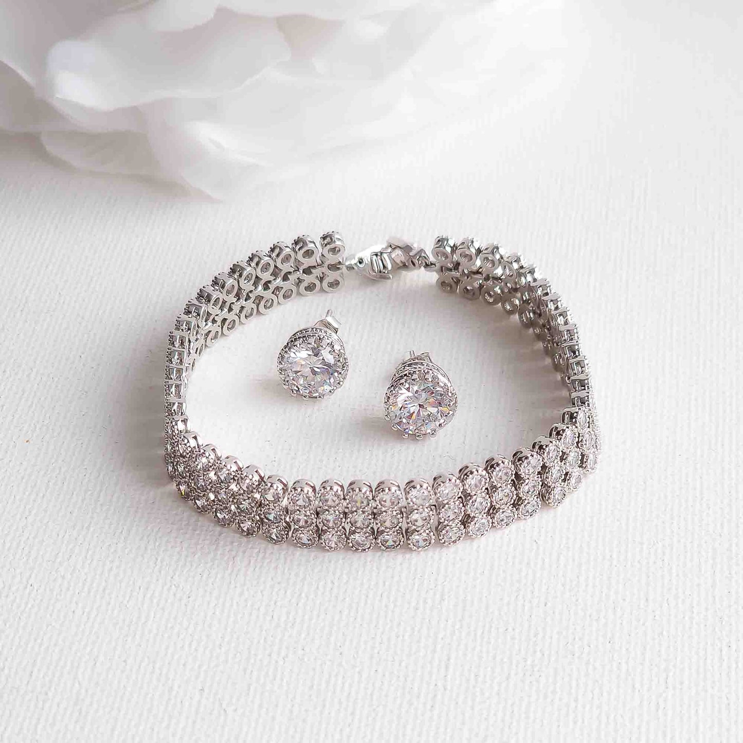 Parure Boucles d'Oreilles et Bracelet de Mariage en Cubic Zirconia-Lierre