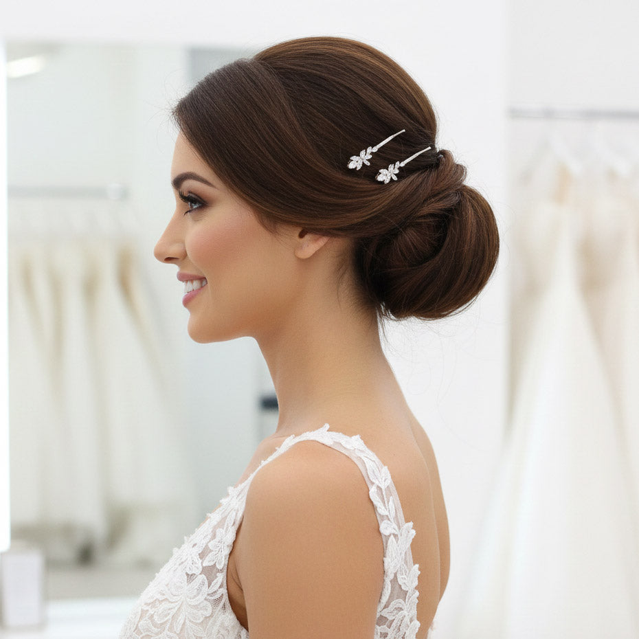 Rose Gold Leaf Bridal Hair Pin Set | Marquise CZ Slide for Bridesmaids & Flower Girls - Thea