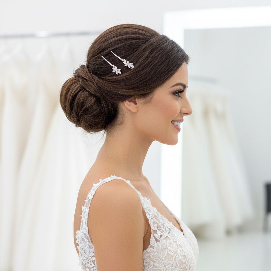 Gold Leaf Bridal Hair Pin Set | Marquise CZ Slide for Weddings and Everyday Styling - Thea