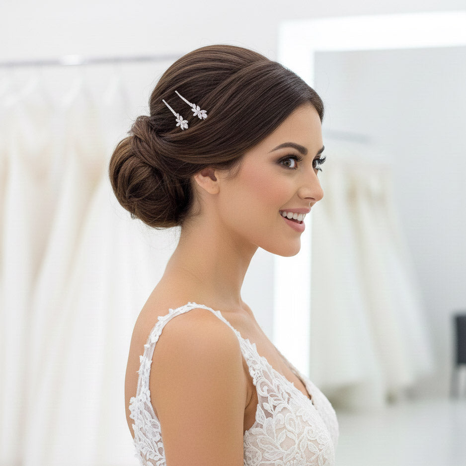 Gold Leaf Bridal Hair Pin Set | Marquise CZ Slide for Weddings and Everyday Styling - Thea