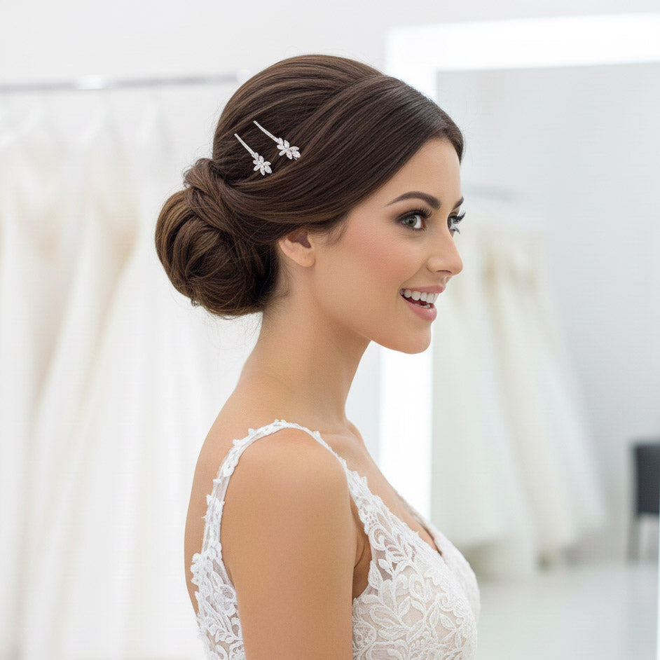 Gold Leaf Bridal Hair Pin Set | Marquise CZ Slide for Weddings and Everyday Styling - Thea