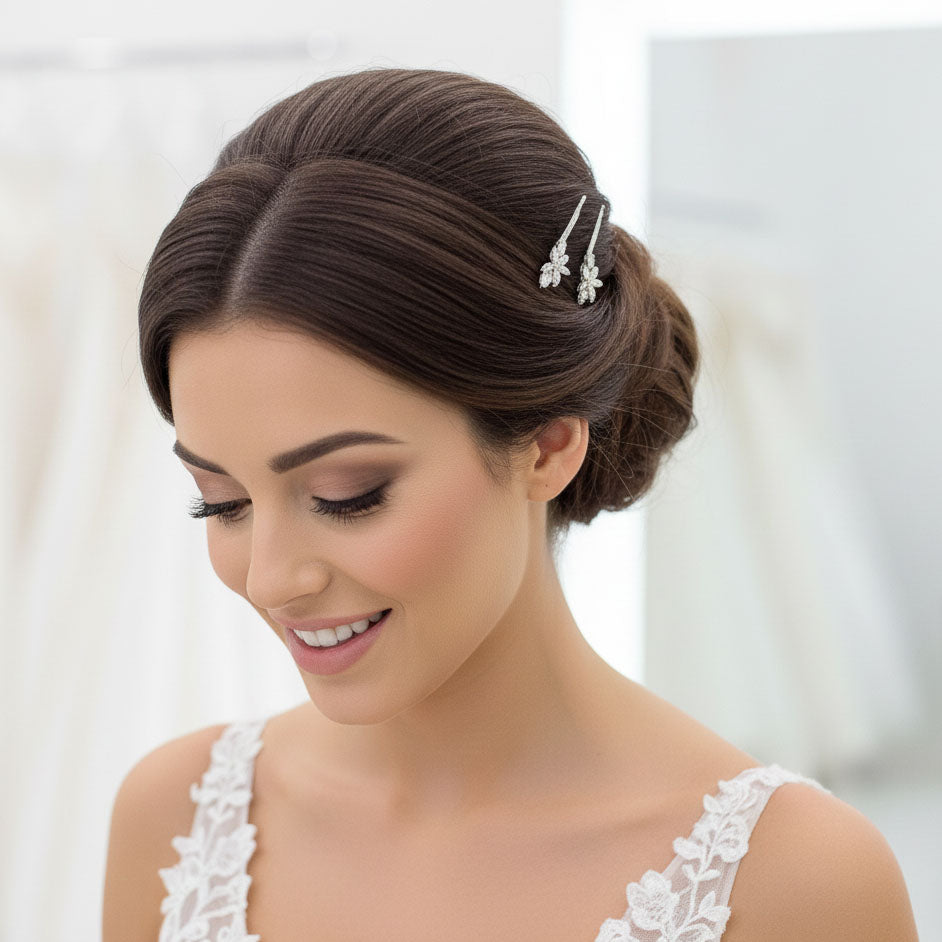 Sleek Leaf Bridal Hair Pin Set | CZ Bobby Pins for Brides & Wedding Party- Thea