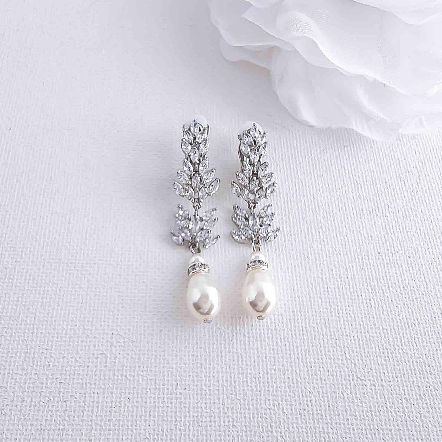 Leaf Clip On Earrings with Pearls-Treasa