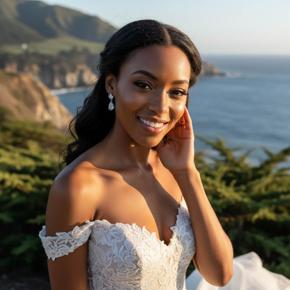 Small Bridal Dangle Drop Earrings with Delicate Leaf Ear-Top and Classic Teardrop for Brides (Silver CZ)– Vera