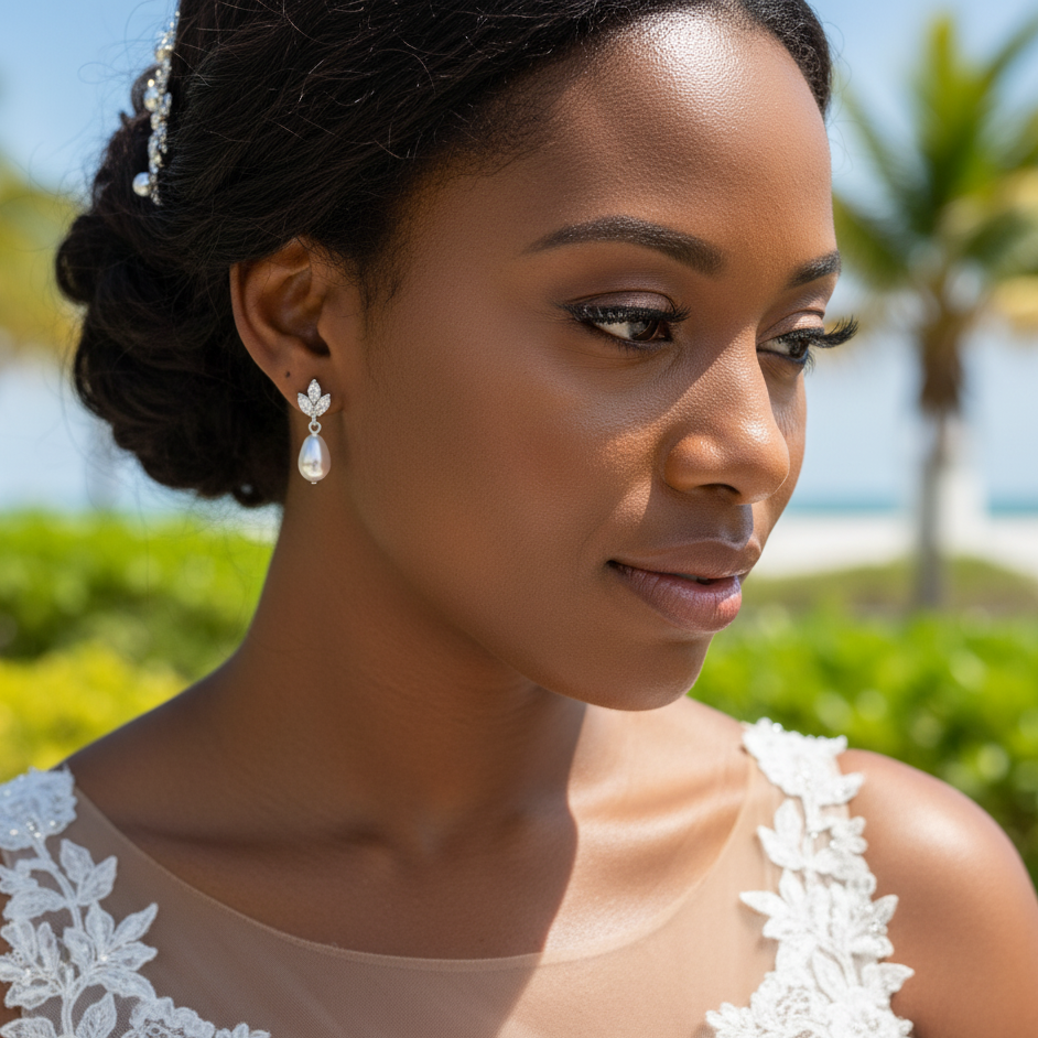 Dainty Teardrop Pearl Earrings with Delicate Leaf-Top for Brides (Silver CZ)- Vera