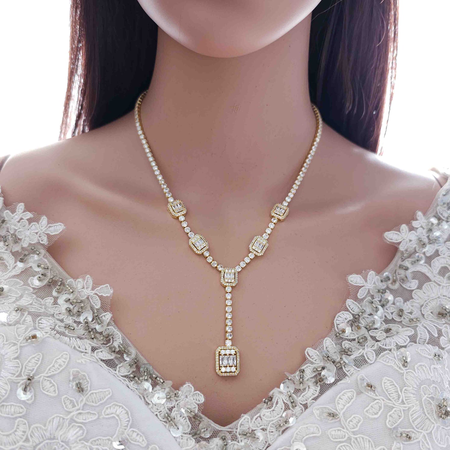 Gold Jewelry Set with Drop Necklace and Earrings for Wedding-Edith