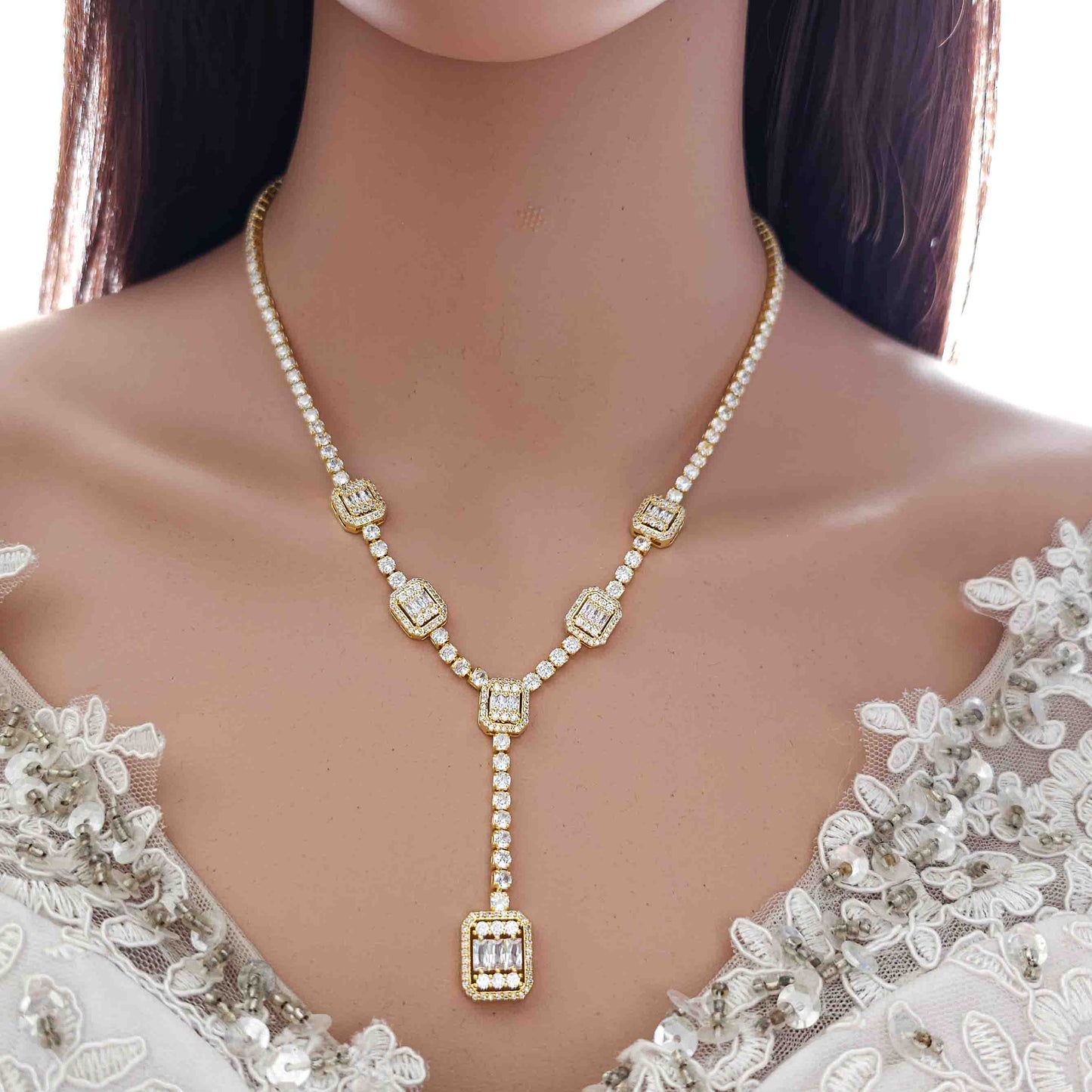 Gold Jewelry Set with Drop Necklace and Earrings for Wedding-Edith