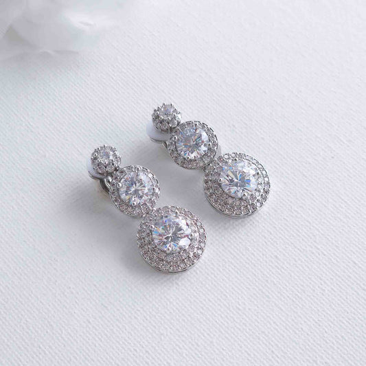 Wedding Clip on Earrings with 3 Round CZ Stones- Alaia