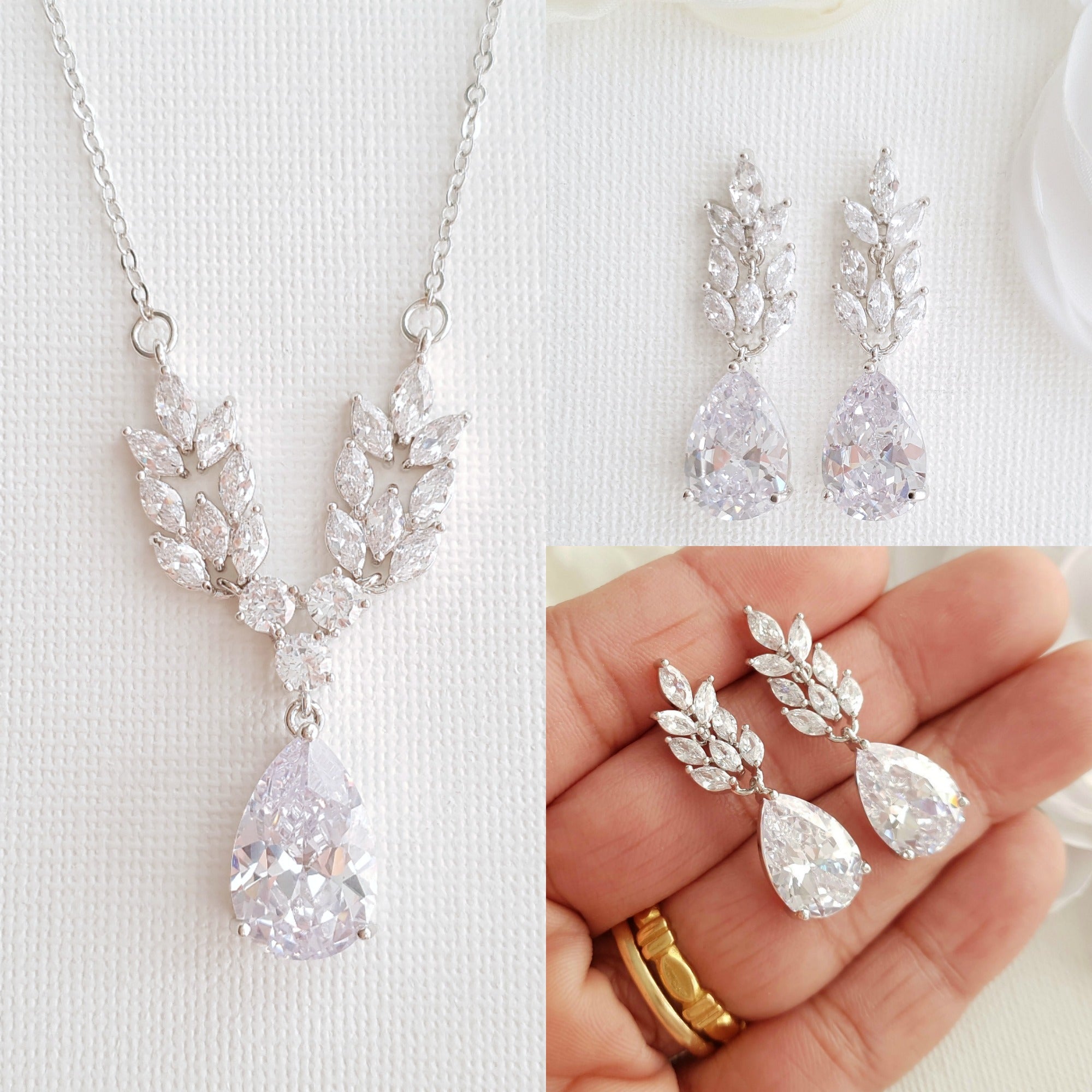 Leaf newest Designer Diamond Cut Zircon Jewelry Set-Wedding Jewelry Set-Bridal Jewelry Set-Valentines Day Gift For Her-Earrings, Pendant Set