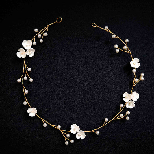 Gold Hair Vine Headband with Clay Flowers and Pearls - Zaneta