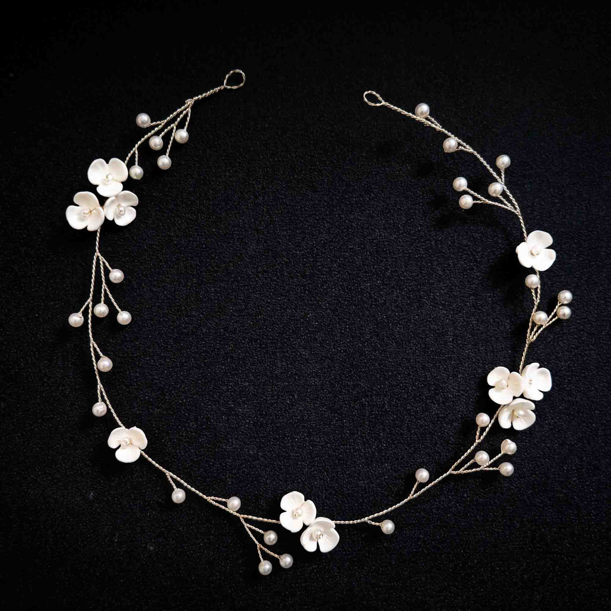 Clay Floral and Pearl Bridal Hair Vine in Silver - Zaneta