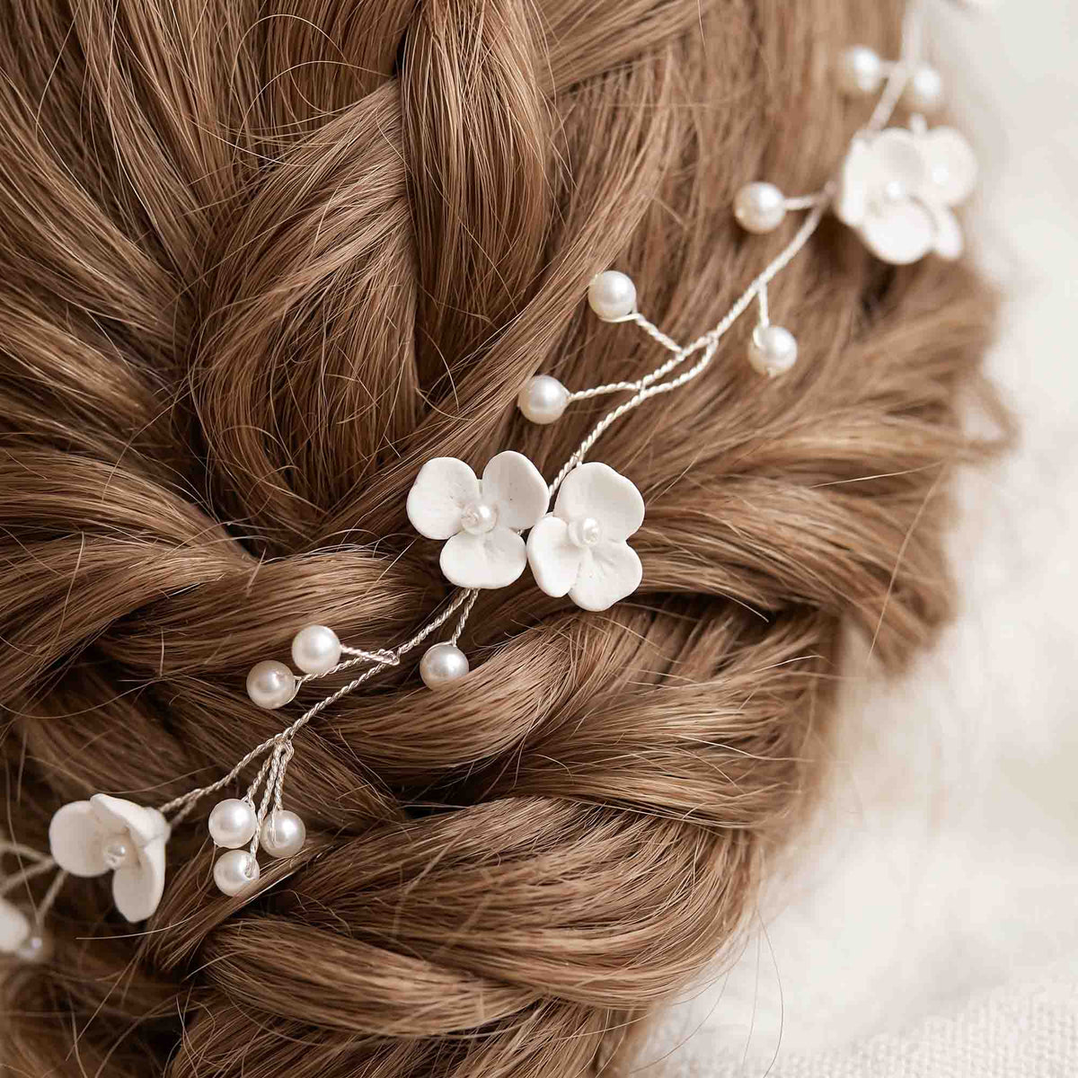 Clay Floral and Pearl Bridal Hair Vine in Silver - Zaneta