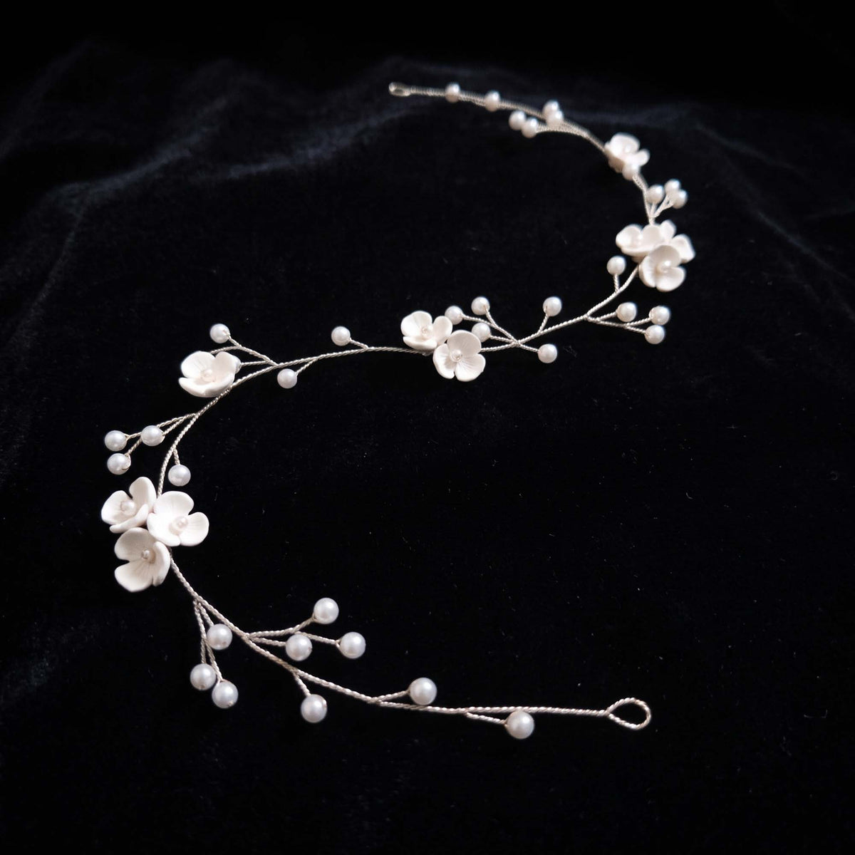 Clay Floral and Pearl Bridal Hair Vine in Silver - Zaneta